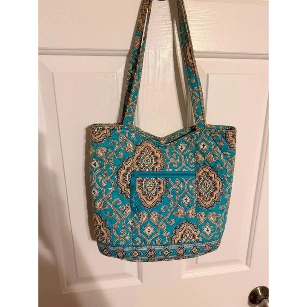 Vera Bradley Quilted Tote Bag Marina Paisley Turquoise Blue Tan Shoulder Bag